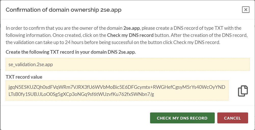 Example of the confirmation of the domain ownership window