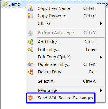 Bouton pour envoyer un mot de passe depuis KeePass avec Secure Exchanges