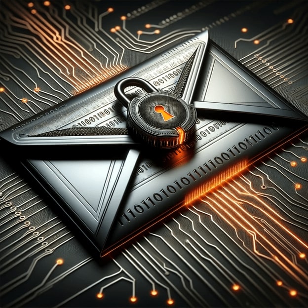 Dynamic image depicting email encryption, with a sleek metallic envelope sealed by a digital lock with a prominent orange highlight. The envelope features a raised binary code pattern in black and grey, symbolic of encrypted messages. The digital lock, central to the design, has a vivid orange detail, signifying security alerts and attention to protection. Against a black background, an intricate network of encrypted data flows in grey, accented by luminous orange pathways, illustrating the sophisticated nature of secure email communication.