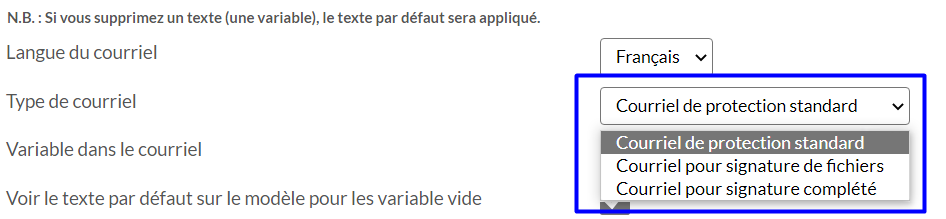 Exemple de sélection du type de courriel. 'Courriel de fichiers de signature complétée' est sélectionné.