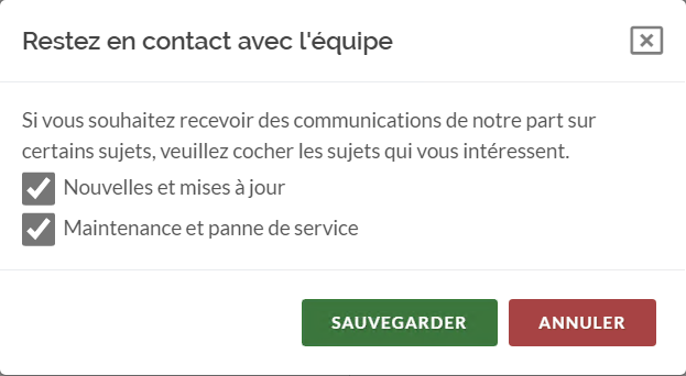 Fenêtre pour modifier les préférences pour rester en contact avec l'équipe