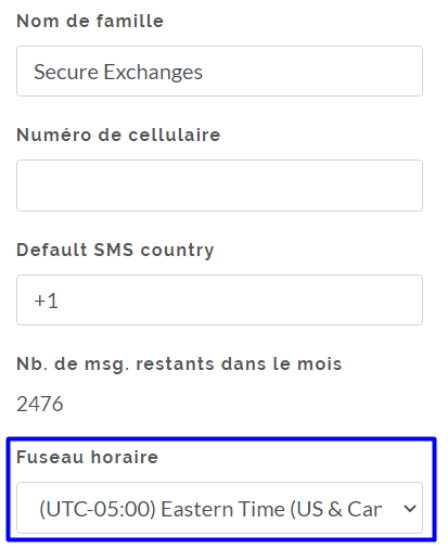 Champ du fuseau horaire mis en évidence sur la page de profil