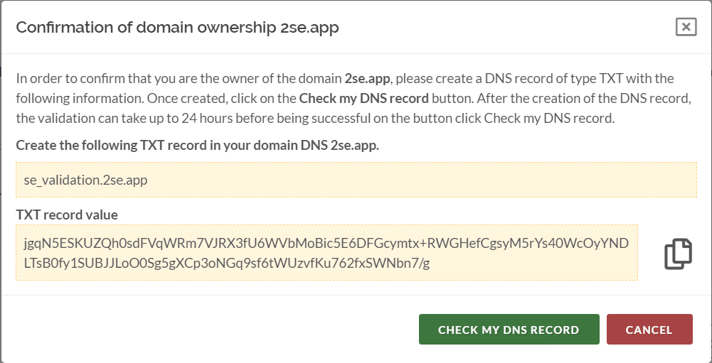 Example of the Confirmation of the Domain Ownership Window