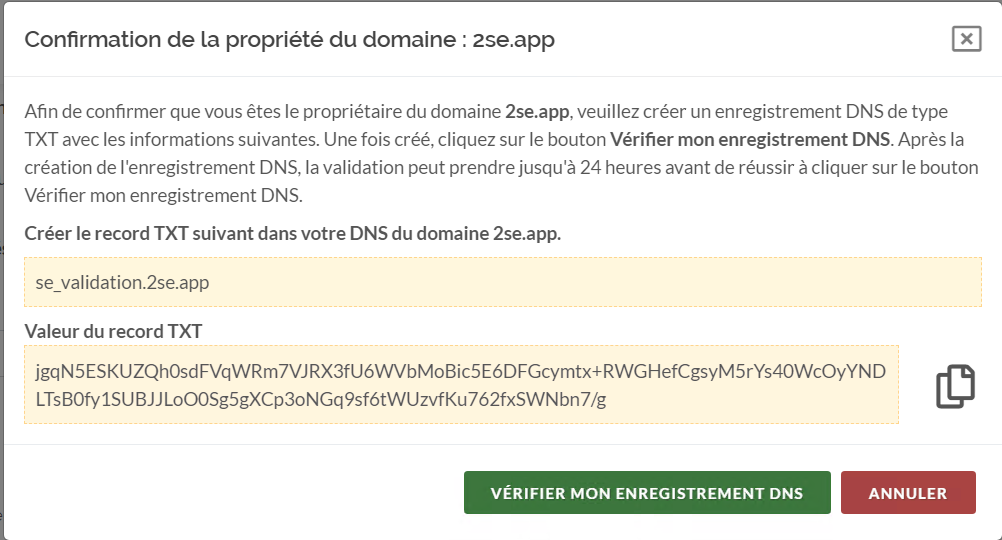 Exemple de la fenêtre de confirmation de la propriété du domaine