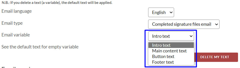 Example of the email variable to customize. 'Intro text' is selected.