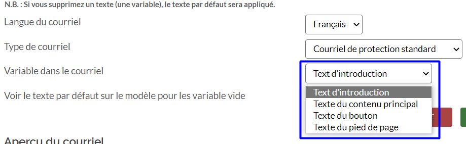 Exemple de sélection de la variable du courriel à personnaliser. 'Texte d'introduction' est sélectionné.