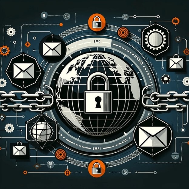 Illustration of global email security concept featuring a digital globe encircled by chains and padlocks, enveloped by email icons, security gears, and digital circuits, symbolizing the protective measures of DMARC in cyber communication.