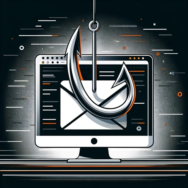 An illustration showcasing a computer screen with a deceptive email, symbolizing a phishing attempt. A large fish hook prominently emerges from the screen, underlining the concept of a phishing trap. The image uses a color scheme of black, orange, white, and grey, creating a striking and cautionary visual theme that highlights the risks associated with phishing in cybersecurity.