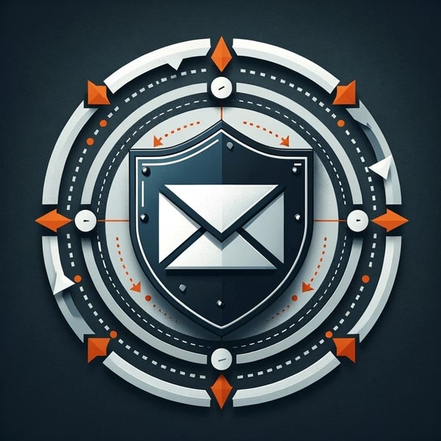 L'image représente une représentation stylisée d'un concept de sécurité des e-mails avec SPF (Sender Policy Framework). Au centre se trouve un bouclier métallique avec une icône d'enveloppe de courrier dessus, suggérant la protection de la communication par e-mail. Le bouclier semble robuste, avec des détails de rivets et des ombrages qui lui donnent un effet 3D. Autour du bouclier se trouvent plusieurs cercles concentriques avec divers symboles liés à la sécurité comme des coches, des flèches et des lignes, qui pourraient représenter des couches de mesures de sécurité ou des processus de balayage. L'arrière-plan est d'une couleur bleu marine foncé qui contraste avec les tons gris et argent du bouclier et des cercles, renforçant l'idée de sécurité numérique avancée. La conception globale a une allure moderne et numérique, véhiculant le concept d'un système d'e-mail fortifié et sécurisé.