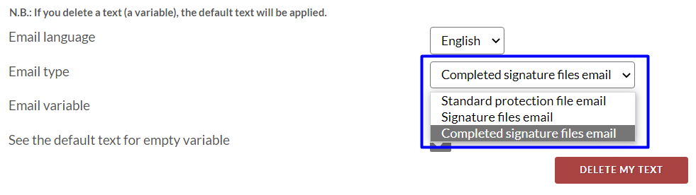 Example of the email type selection. 'Completed signature files email' is selected.