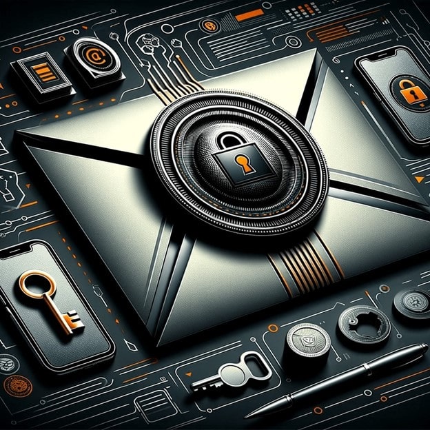 Digital artwork of a centralized padlock symbolizing security, surrounded by stylized electronic circuitry and security icons including keys, a shield, a pen, and binary code elements, all rendered in a metallic and orange color scheme on a dark background.