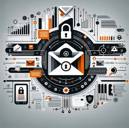 This image features a stylized representation of email encryption and digital security. At the center, there is an envelope with a padlock, symbolizing secure email. Surrounding the central icon are various other symbols and elements such as keys, shields, graphs, gears, and digital circuits, which all convey different aspects of email security and data protection. The design has a technological and abstract feel, using a monochromatic color scheme with accents of orange to highlight certain features. It's a conceptual illustration that visually communicates the complexity and multifaceted nature of cyber security in the context of email communication.