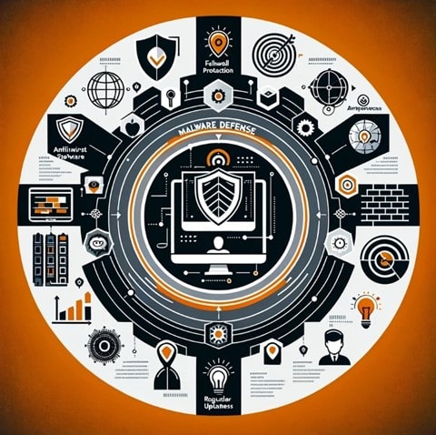 An infographic on malware defense depicted in a circular layout with an orange, black, white, and grey color scheme. Central to the design is a computer monitor with a shield icon, symbolizing antivirus protection. Surrounding this are various icons, including a firewall barrier, circular arrows indicating software updates, a magnifying glass over a document, a lock, and a human figure with a lightbulb above their head, representing awareness. The design is non-textual, focusing on the visual representation of cybersecurity concepts with abstract shapes and symbols for a clean, modern look.