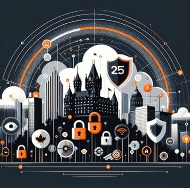 A stylized digital artwork featuring a monochrome city skyline with prominent buildings suggestive of Quebec, overlaid with cybernetic and data privacy-related motifs. Central to the image is a large shield emblem with the number 